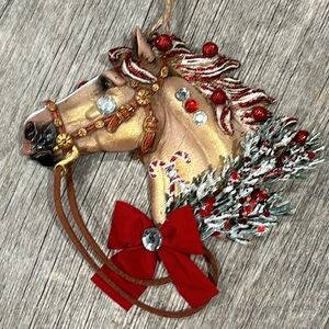 Holiday Horses:”Peppermint Candy Cane” design.Hand decorated Christmas ornament